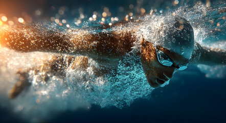 Competitive swimmer diving into the pool, showcasing powerful strokes and splashes, with a clear blue background
