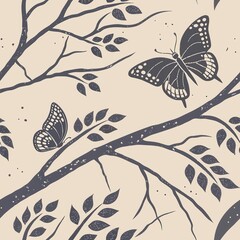 Seamless Vector Pattern with Flying Butterfly Silhouettes and Stylized Branch Illustrations