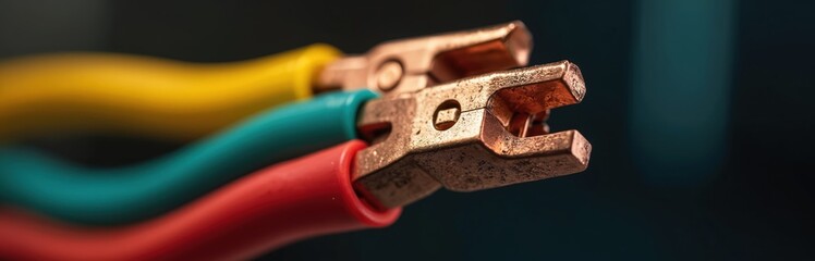 Jumper cables with copper clamps, red, yellow, green wires. Used for car battery charging, automotive repair, electrical emergency assistance. Essential tool for vehicle maintenance, power solutions.