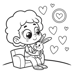 Kawaii Special Child with Therapy Rabbit on Lap – Line Art Coloring Page for Kids