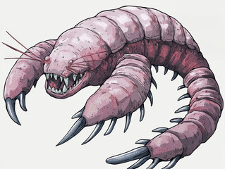 Pink, segmented creature with sharp claws and fangs