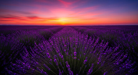 Vibrant sunset over a vast lavender field, showcasing the beauty of nature.