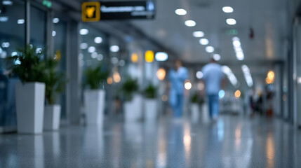 Defocused interior of a modern hospital ward with glowing fluorescent lights, blurred medical staff in motion, and subtle presence of equipment for clean, professional visual backdrop,healthcare back
