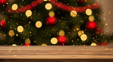 Wooden table with blurred Christmas tree and lights