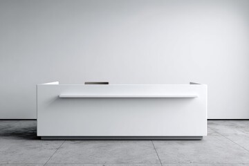 Minimalist white reception desk against a plain white wall