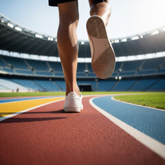 Close-up of a runner’s legs on a colorful stadium track, symbolizing training, endurance, and athletic preparation before competition.
