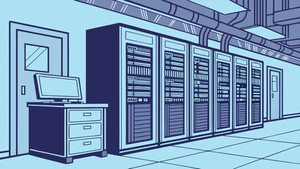 Cartoon it server room data center illustration with computer and network infrastructure setup design