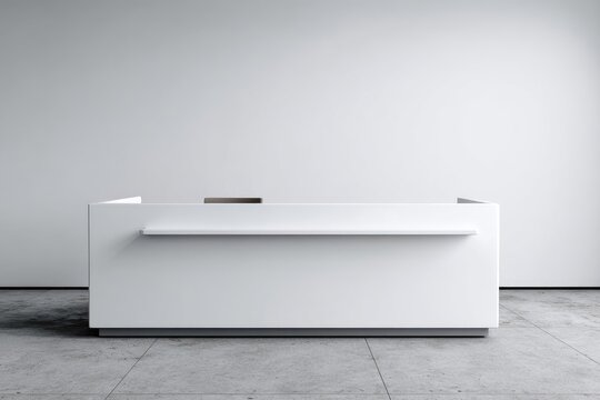 Minimalist white reception desk against a plain white wall