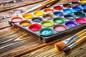 Obraz premium Set of watercolor paints and brushes are on a wooden table