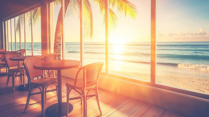 Oceanfront cafe; sunset view, wicker chairs, wooden tables