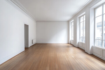 Fototapeta premium Bright empty room with hardwood floors and large windows
