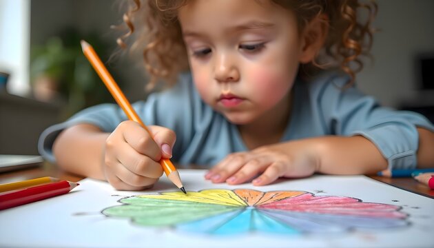 Little girl drawing on a sheet of paper while sitting at a table, expressing creativity and early childhood education through art