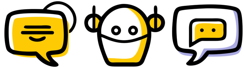 Chatbot conversation ai assistant robot communication dialogue speech bubbles technology support service help ellow on transparent background