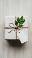 White gift box with twine and green leaves present