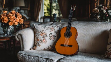 Acoustic guitar set gently on a sofa in a quiet room, symbolizing warmth, creativity, and informal moments.