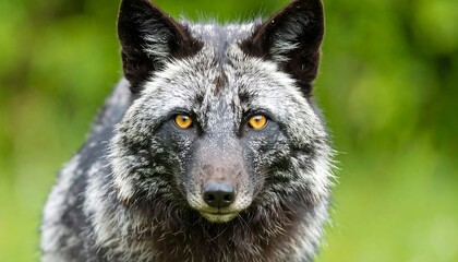 Close-up portrait of a silver fox with intense amber eyes against a blurred green background