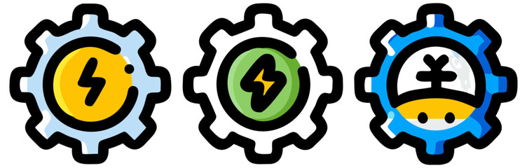 Illustration of energy portals with lightning bolts and cartoonish designs in yellow green and blue colors on transparent background