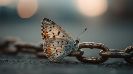 Obraz premium A delicate butterfly with patterned wings rests on a rusty metal chain against a soft, blurred background.