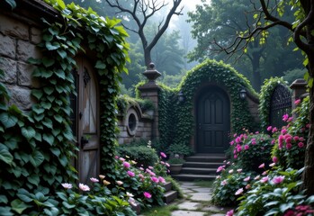 creeping ivy climbing over cracked stone walls and wrought iron fences adding texture and mystery to a haunted gothic garden filled with dark flowers