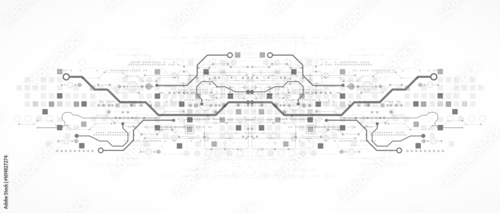 Poster technological background in gray colors. used technical lines and a pattern of squares with differen