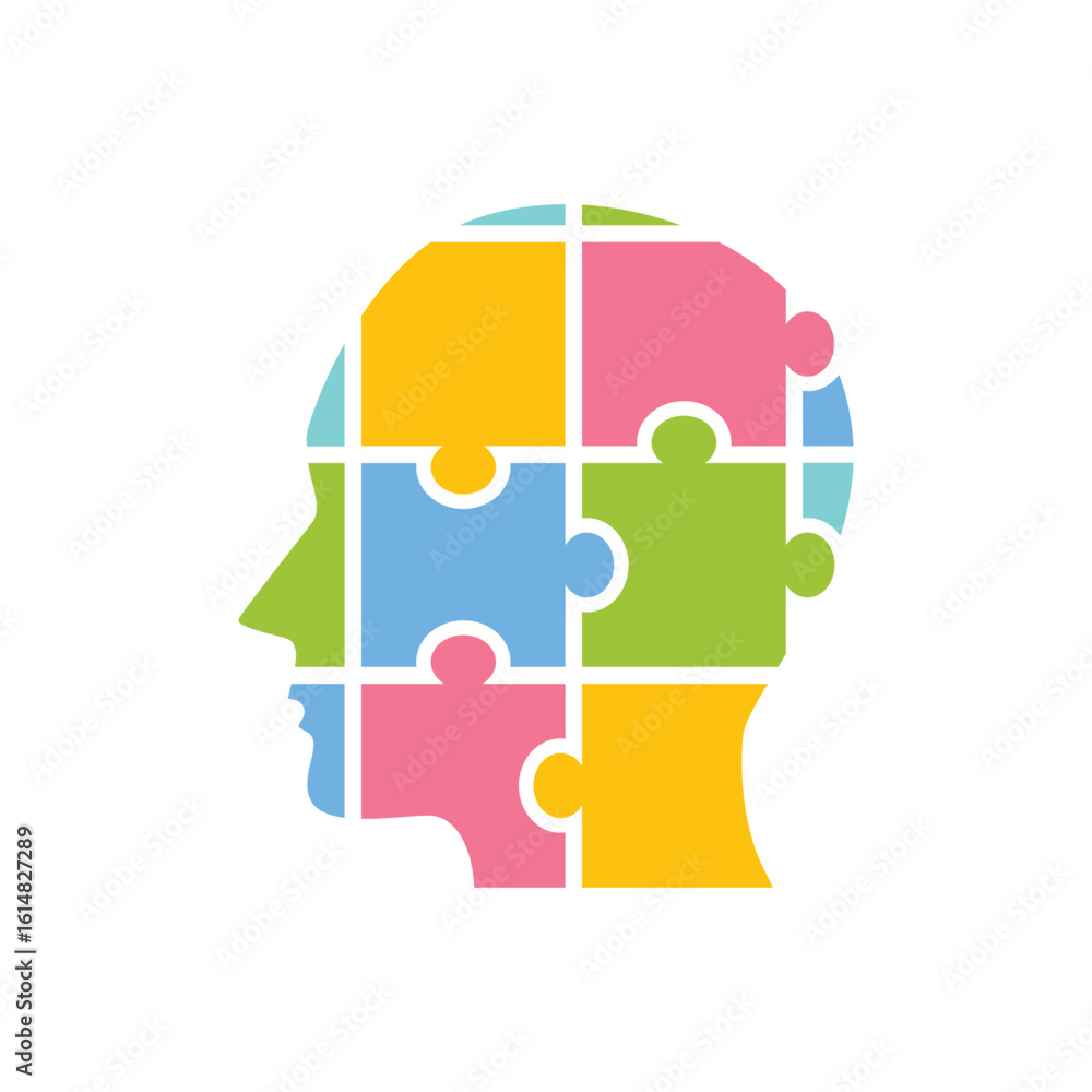 Aufkleber the image shows a logo design of a human head facing left comprises of jigsaw puzzle pieces in vario