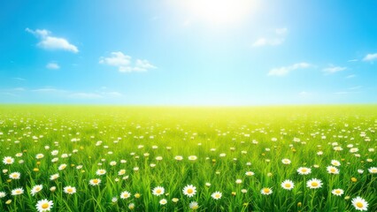 Vast Green Meadow Under a Bright Sunny Blue Sky Filled with White Clouds