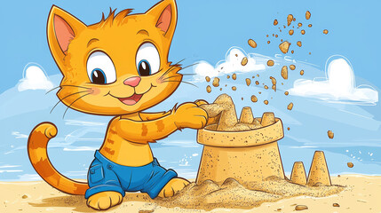 Playful kitten builds sandcastle on sunny beach