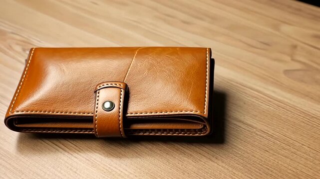 A close-up of a stylish brown leather wallet resting on a wooden surface, showcasing its texture