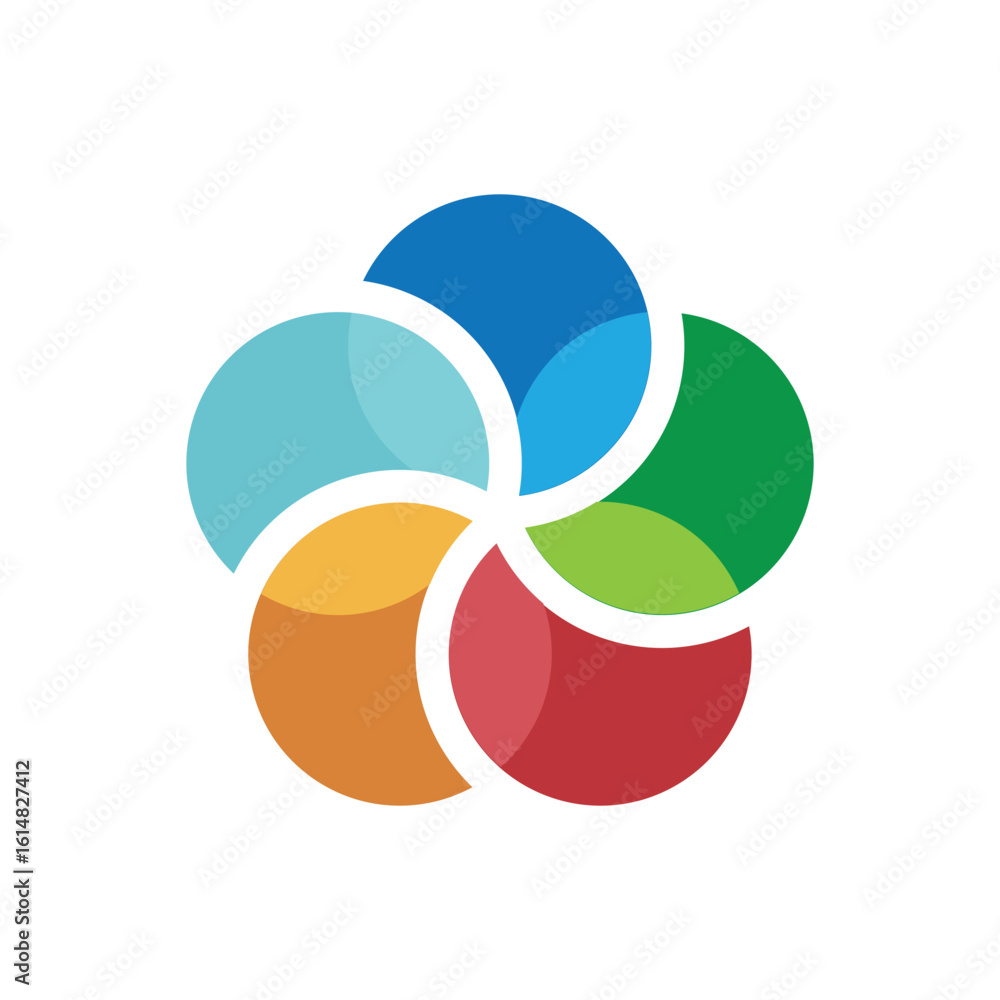 Poster the image shows a logo design of five circle shapes in various colors connected together forming a f