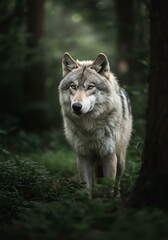 Obraz premium Wild Gray Wolf Standing in Dense Forest with Green Foliage and Soft Lighting