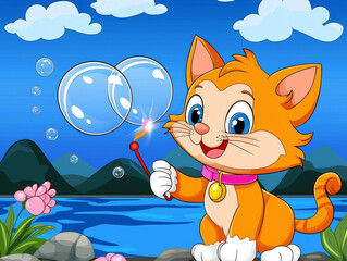 Orange kitten blowing bubbles by lake