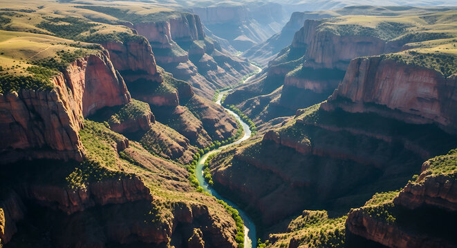 Panoramic aerial view of a vast, rugged canyon featuring a vibrant green river snaking through towering, ancient rock walls under clear skies. - Powered by Adobe