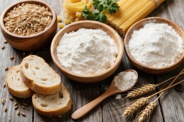 Assorted Baking Ingredients: Flour, Pasta, Bread Slices, and Wheat Grains on a Wooden Table