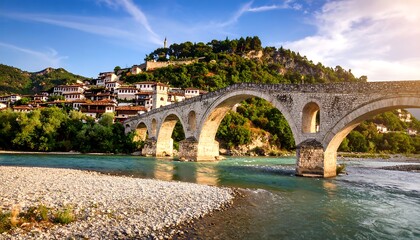 Fototapeta premium Old stone bridge over a river, with a hillside town