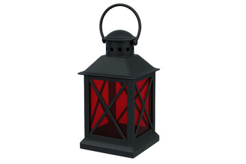 3d rendering of a black metal lantern with red glass and a handle, isolated on a transparent background