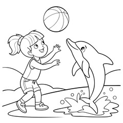 Special Child with Hearing Aid Playing with Therapy Dolphin – Inclusive Line Art Coloring Page