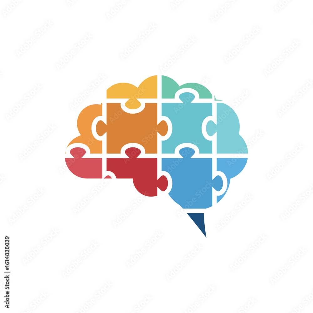Aufkleber the image shows a logo design of a brain comprises of jigsaw puzzle pieces in various color in simpl
