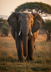 Naklejka premium Majestic Elephant Standing in African Grassland During Sunset