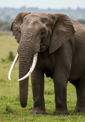 Fototapeta premium Large Adult Elephant Standing in Green Grassland with Blurred Background