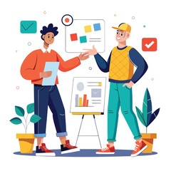 Two friends in casual clothes looking at posters in a gallery