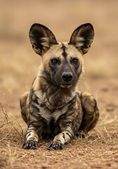 Fototapeta premium Dramatic African Wild Dog Lying on Dry Ground in Natural Habitat