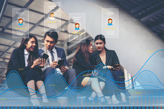 Business team using mobile phones with customer review and data charts, concept of digital marketing, social engagement, online feedback, user rating, modern technology and business analytics.