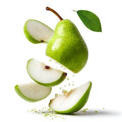 Fresh green pear slices and whole fruit suspended in mid air isolated on white background