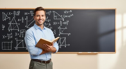 Smiling male teacher in blue shirt holding a book in front of math blackboard