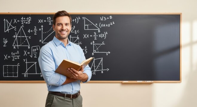 Smiling male teacher in blue shirt holding a book in front of math blackboard