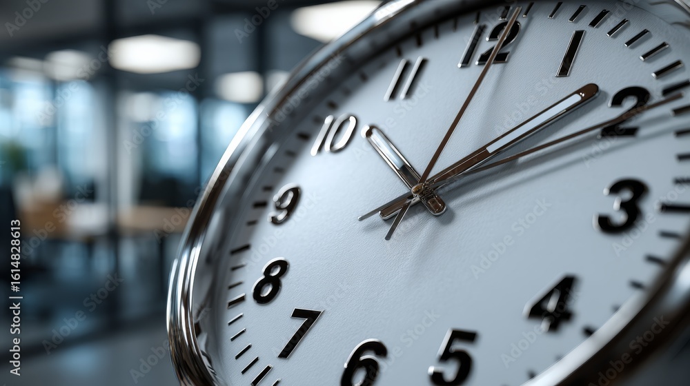 Poster a close-up of a modern clock showing the time with an office blurred in the background.