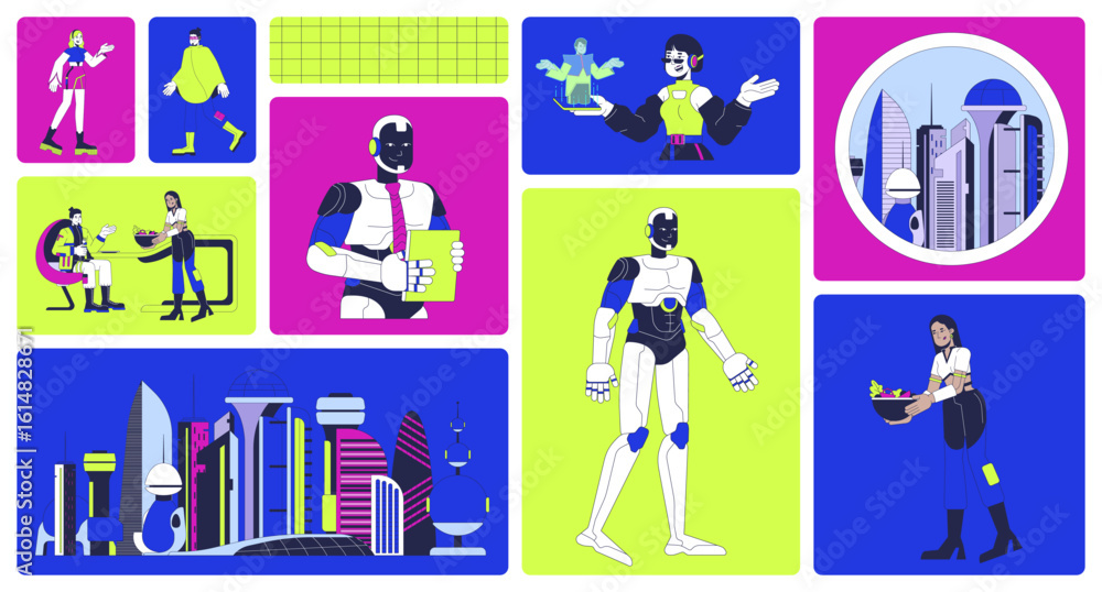Aufkleber high-tech urban future with ai and smart living bento grid illustration set. futuristic architecture