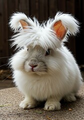 Obraz premium Cute White Rabbit with Fluffy Hair and Bunny Ears Sitting Outdoors