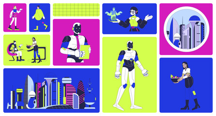 High-tech urban future with AI and smart living bento grid illustration set. Futuristic architecture, sci fi robots 2D vector image collage design collection. Diverse flat characters moodboard layout