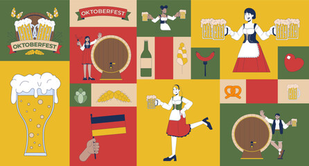 Beer, food and festive joy at Oktoberfest bento grid illustration set. Beer steins, sausage, pretzel, German flag, brewery hops 2D vector image collage. Diverse flat characters moodboard layout